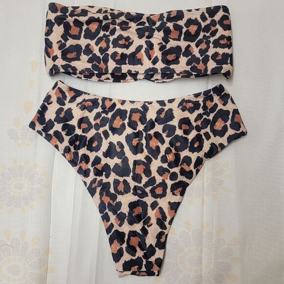 Womens 2 pc Leopard Print Padded Strapless Halter Top Bikini sz M NWOT - Picture 5 of 8